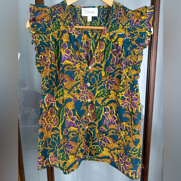 Cleobella Organic 100% Cotton Blue Yellow Floral Sleeveless Blouse Medium Boho - Picture 1 of 8
